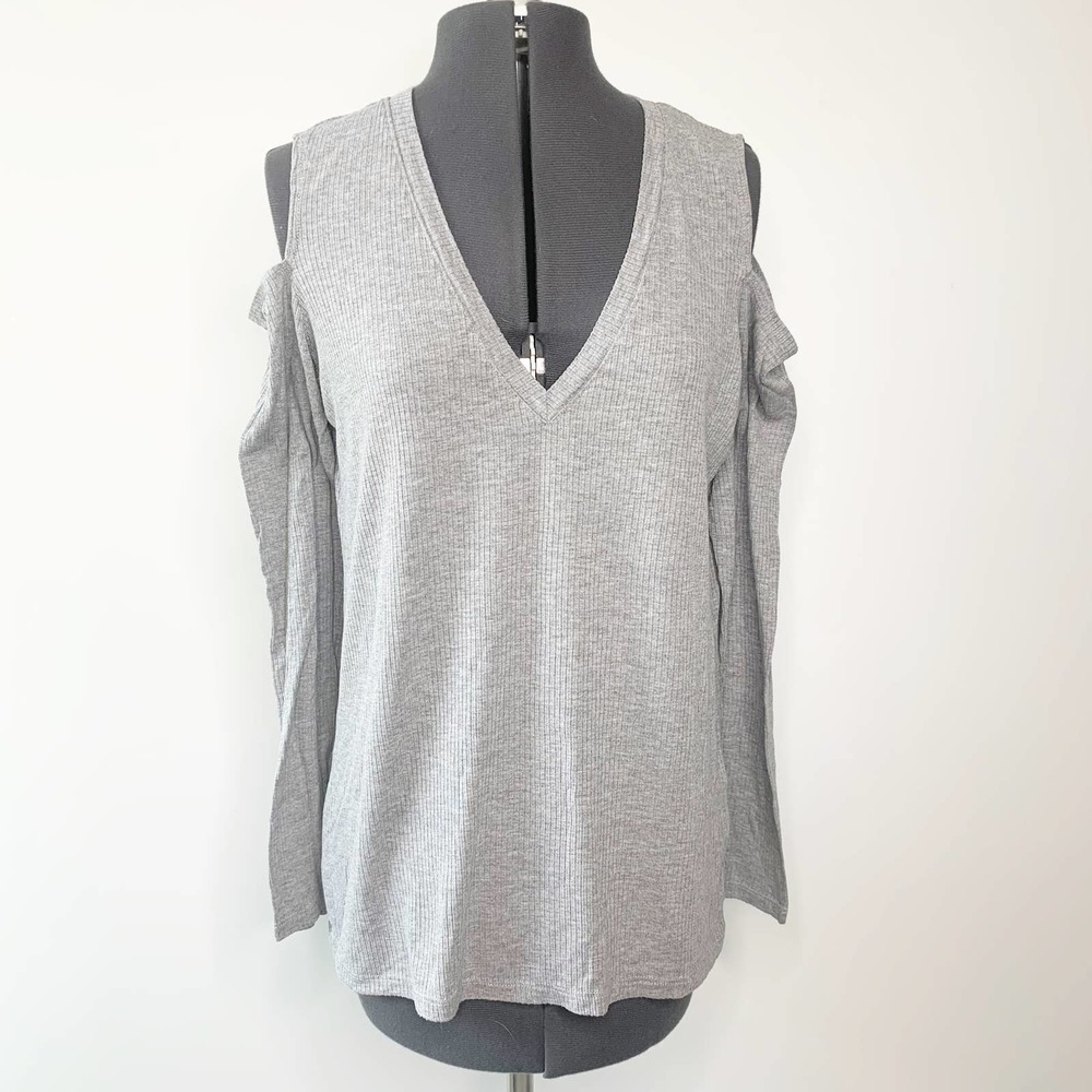 Monrow V-Neck Rib Cut Out Long Sleeve Cotton Blend Top Women's Size Large L